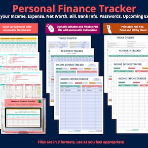 以下が含まれることがあります： Excelスプレッドシート、編集可能なPDF、印刷可能なPDFの3つの形式で提供される個人用ファイナンストラッカーのデジタルダウンロード。画像は、収入、支出、純資産、年間概要のセクションを含むトラッカーのレイアウトのプレビューを示しています。