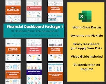 Puede incluir: Una imagen colorida que promociona un paquete de 10 dashboards de hoja de cálculo de Excel para análisis financiero. Los dashboards están diseñados con un diseño moderno, dinámico y flexible. El texto "Financial Dashboard Package 1" se muestra en una fuente grande en la parte superior de la imagen. La imagen también incluye un icono de Excel verde con la letra "X" en el centro.