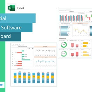 Pode incluir: Um painel de TI e software financeiro com vários gráficos. A imagem inclui gráficos de barras, gráficos de linhas e gráficos de pizza, exibindo dados financeiros. O logotipo do Excel está no canto superior esquerdo. O texto "Financial IT and Software Dashboard" é exibido.