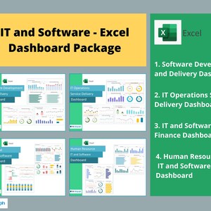 May include: An Excel dashboard package for IT and Software, featuring four dashboard examples: Software Development, IT Operations, Finance, and Human Resources. Each dashboard displays data visualizations and charts. The package includes the Excel logo and the text "Excel".