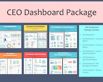 May include: A colorful infographic showing a CEO Dashboard Package with seven different dashboards, including a CEO Dashboard, CEO Executive Dashboard, CEO Dashboard - Financial Report, CEO Dashboard - Sales & Marketing Report, CEO Dashboard - Operational Report, CEO Dashboard - Risk Management Report, and CEO Dashboard - Market Analysis.