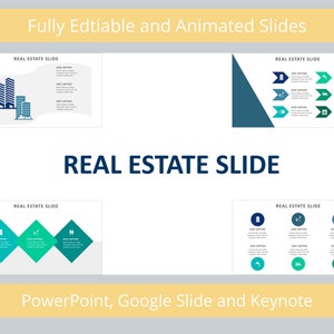 Pode incluir: Um conjunto de quatro slides de apresentação imobiliária com layouts diferentes. Os slides apresentam ícones e marcadores de posição de texto para adicionar informações. Os slides são totalmente editáveis e animados. O texto nos slides diz "REAL ESTATE SLIDE" e "PowerPoint, Google Slide e Keynote".