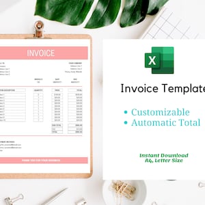 May include: A pink and white invoice template with the text "INVOICE" in a pink box. The template is customizable and has an automatic total feature. The template is available for instant download in A4 and Letter size.