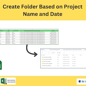 Puede incluir: Una infografía que ilustra cómo crear carpetas basadas en nombres y fechas de proyectos utilizando la macro VBA de MS Excel. La imagen incluye una hoja de cálculo, un directorio de archivos y el texto "Create Folder Based on Project Name and Date."