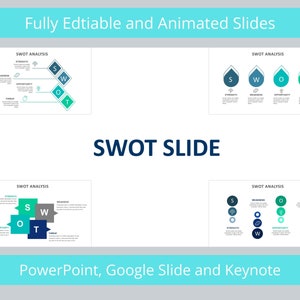 May include: A digital presentation slide with the text "SWOT SLIDE" in a dark blue font. The slide features four different SWOT analysis diagrams with the words "Strength", "Weakness", "Opportunity", and "Threat". The top and bottom of the slide have text in a light blue color.