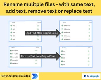 May include: A diagram showing how to rename multiple files using Power Automate Desktop. The diagram shows three different scenarios: adding text after the original file name, removing text from the original file name, and replacing text in the original file name.