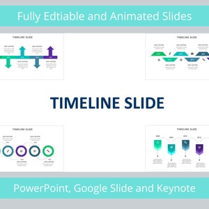 May include: A set of four timeline slides with different styles and colors. The slides are fully editable and animated. The slides are designed for PowerPoint, Google Slides, and Keynote. The text on the slides reads "TIMELINE SLIDE".