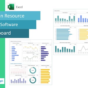 May include: An Excel dashboard displaying Human Resource, IT, and Software data. The dashboard includes charts and graphs visualizing employee metrics, time to new developers, and utilization rates. The image also includes the text "Human Resource IT and Software Dashboard."