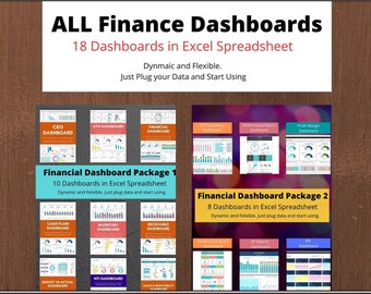 May include: A collage of 18 colorful Excel spreadsheet dashboards for financial analysis. The dashboards are organized into two packages: Financial Dashboard Package 1 and Financial Dashboard Package 2. Each package includes a variety of dashboards, such as CEO Dashboard, CFO Dashboard, Cash Flow Dashboard, Inventory Dashboard, and KPI Dashboard.
