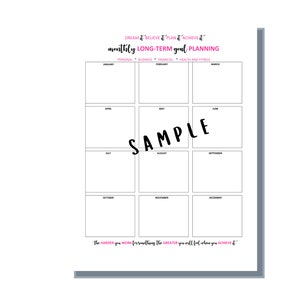 May include: A black and white printable planner with the text "DREAM it BELIEVE it PLAN it ACHIEVE it" and "monthly LONG-TERM goal PLANNING". The planner is divided into 12 sections, one for each month of the year. Each section is further divided into four categories: personal, business, financial, and health and fitness. The planner also includes the text "The HARDER you WORK for something, the GREATER you will feel when you ACHIEVE it."