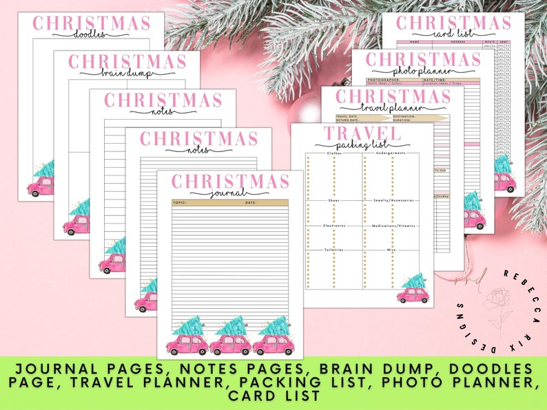 May include: Printable Christmas planner pages with pink and gold accents. The pages include a journal, notes, brain dump, doodles, travel planner, packing list, photo planner, and card list. Each page features a pink car with a Christmas tree on top.