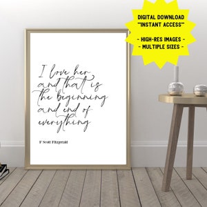 I love Her, F Scott Fitzgerald Quote Printable Wall Art | F Scott Fitzgerald Print | Printable Wall Decor | Romantic Wall Art | Love Print