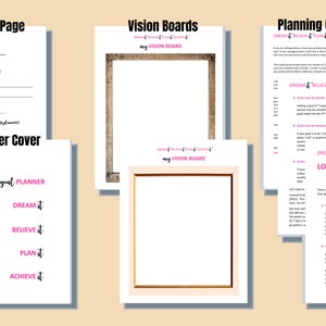 May include: A printable planner set with a cover page, information page, vision board templates, and planning guidelines. The planner is designed to help you dream, believe, plan, and achieve your goals.