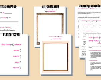 May include: A printable planner set with a cover page, information page, vision board templates, and planning guidelines. The planner is designed to help you dream, believe, plan, and achieve your goals.