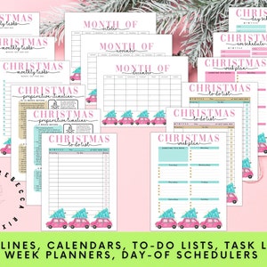 May include: A set of printable Christmas planning sheets with pink and blue accents. The sheets include monthly calendars, to-do lists, weekly planners, and day-of schedules. Each sheet features a pink car with a Christmas tree on top.