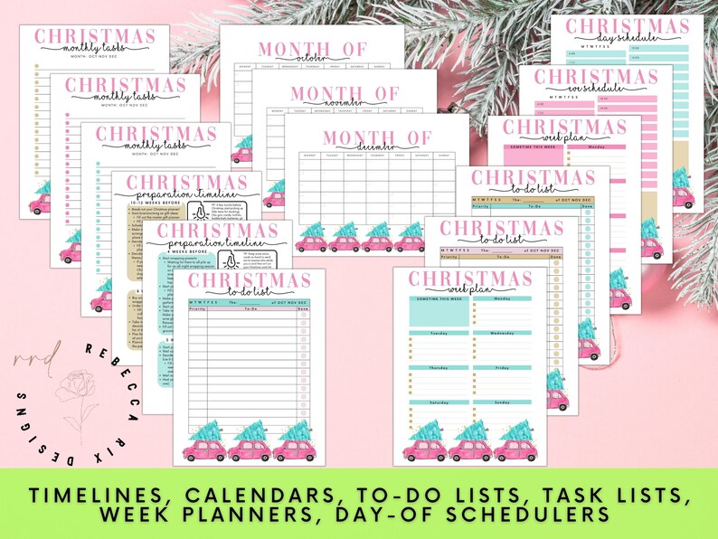 May include: A set of printable Christmas planning sheets with pink and blue accents. The sheets include monthly calendars, to-do lists, weekly planners, and day-of schedules. Each sheet features a pink car with a Christmas tree on top.