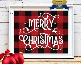 Farmhouse Christmas Print | Red Buffalo Plaid Wall Decor (Digital Download)
