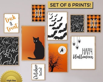 May include: Set of eight Halloween-themed printable wall art prints. The prints feature a black cat, ghosts, bats, spiders, a witch flying on a broomstick, a tree, and the words "trick or treat", "BOO", "Happy Halloween", and "October 31".