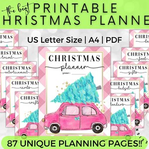 May include: Printable Christmas planner with 87 unique planning pages. The cover features a pink car with a blue Christmas tree on top. The pages are pink and white gingham.