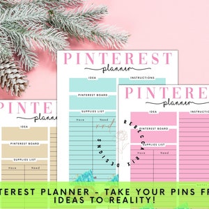 May include: Three printable planner pages with the text "Pinterest Planner" in pink. Each page has sections for "Idea", "Pinterest Board", "Supplies List", and "Instructions". The pages are on a pink background.