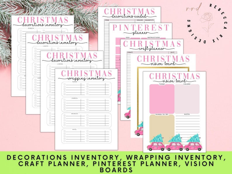 May include: Printable Christmas planner pages in pink and white with black text. The pages include a decorations inventory, wrapping inventory, craft planner, Pinterest planner, and vision board.