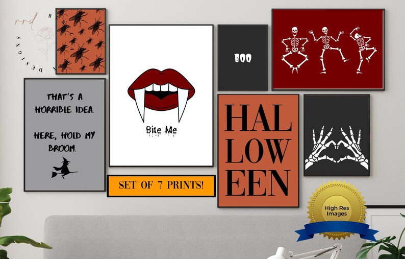 Halloween Printable Wall Art Bite Me Vampire Lips, Boo, Dancing