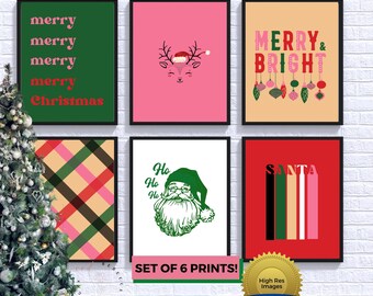 May include: Set of six printable Christmas-themed illustrations. The illustrations feature a reindeer, Santa Claus, a plaid pattern, and text that says "Merry & Bright", "Merry Merry Merry Christmas", and "Ho Ho Ho".