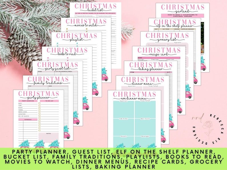 May include: A set of printable Christmas planner pages featuring a pink and blue color scheme with a cute cartoon Christmas tree design. The pages include a bucket list, movie list, playlist, family traditions, party planner, guest list, elf on the shelf planner, grocery list, recipe cards, baking planner, and dinner menus.