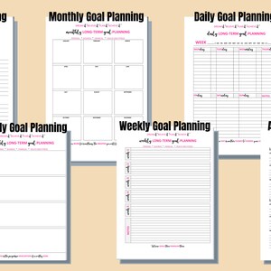 May include: A set of six printable goal planning worksheets in black and white with pink accents. The worksheets include sections for annual, quarterly, monthly, weekly, and daily goal planning, as well as an achievement journal.