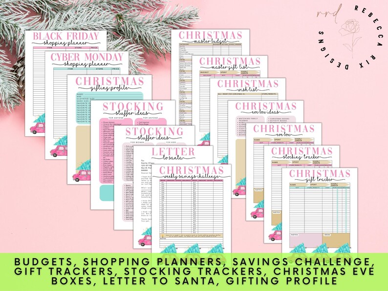 May include: A set of printable Christmas planning and budgeting worksheets. The worksheets are pink and teal with a Christmas tree and car design. The worksheets include: Black Friday Shopping Planner, Cyber Monday Shopping Planner, Christmas Gifting Profile, Stocking Stuffer Ideas, Letter to Santa, Christmas Master Budget, Christmas Master Gift List, Christmas Wish List, Christmas Gift Tracker, Christmas Stocking Tracker, and Christmas Weekly Savings Challenge.