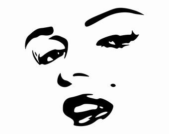 May include: Black and white line art illustration of a woman's face with one eye closed and lips slightly parted.