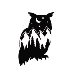 May include: Black and white silhouette of an owl with a crescent moon and stars inside its head. The owl's body is filled with a mountain range and pine trees.