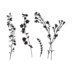 Puede incluir: Siluetas de cinco tipos diferentes de flores silvestres con tallos delicados y pequeñas flores.
