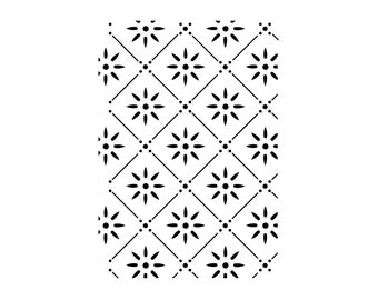 May include: Black and white geometric pattern with a repeating design of small circles and stylised flowers.