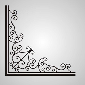 May include: Black and white decorative corner design with intricate swirls and flourishes. This design is perfect for adding a touch of elegance to any project.