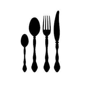 May include: Silhouettes of a fork, knife, and two spoons. The utensils are black against a white background.
