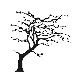Könnte beinhalten: Schwarze Silhouette eines Baumes mit Ästen, die sich nach rechts erstrecken. Der Baum ist in einer einfachen, stilisierten Art und Weise gezeichnet.