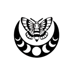 May include: Black and white illustration of a moth with wings spread, sitting on a crescent moon with phases.