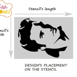 Puede incluir: Un dise&ntilde;o de plantilla en blanco y negro de la cara de una persona con el texto "DESIGN'S PLACEMENT ON THE STENCIL" debajo. La plantilla se muestra con medidas de ancho y largo.