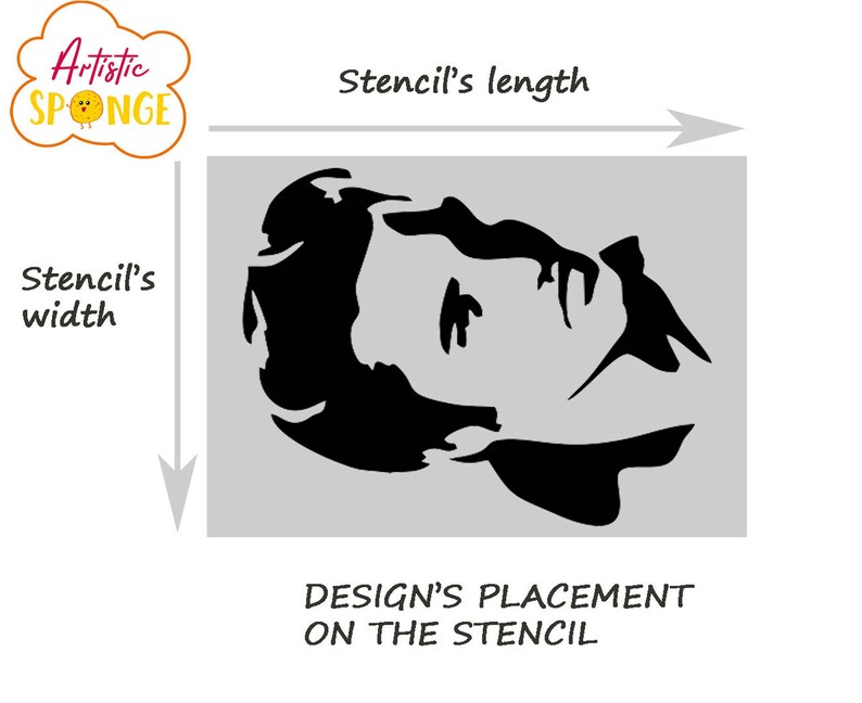 Puede incluir: Un dise&ntilde;o de plantilla en blanco y negro de la cara de una persona con el texto "DESIGN'S PLACEMENT ON THE STENCIL" debajo. La plantilla se muestra con medidas de ancho y largo.