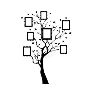 May include: Black silhouette of a tree with branches, leaves, hearts, and birds. The branches hold eight square picture frames. The tree trunk is thick and tapers upwards. The design is on a white background.