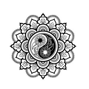 May include: Black and white mandala design featuring a yin yang symbol at its centre. The mandala is decorated with elaborate floral patterns and swirls.