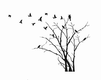 Wild Birds Flying Off The Branch Reusable Stencil Sizes A5 A4 A3 Craft Flora Nature Shabby Chic Tree Autumn Spring / T10