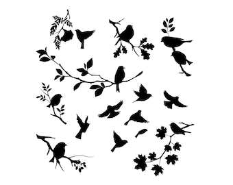 May include: Silhouette of birds on branches with leaves. The birds are in various poses, some flying, some perched, and some singing. The branches are bare and the leaves are scattered.