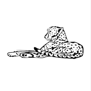May include: Black and white line drawing of a cheetah lying down. The cheetah is facing to the left and has a spotted coat.