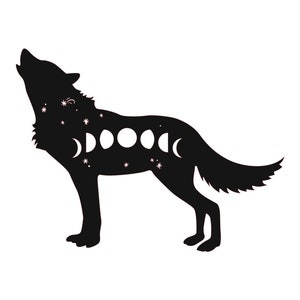 Könnte beinhalten: Schwarze Silhouette eines Wolfes, der zum Mond heult, mit einem Halbmond und Sternen im Körper des Wolfes.