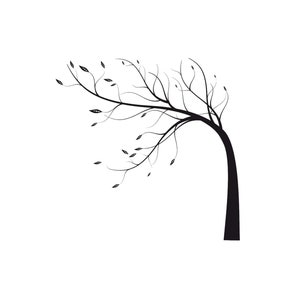 May include: Black silhouette of a tree with branches reaching up and to the right, with leaves on the branches. The tree is isolated against a white background.