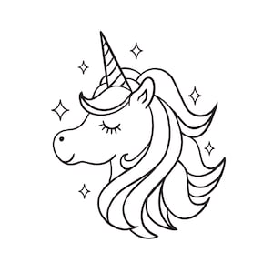 May include: A black and white line drawing of a unicorn head with a spiraled horn, closed eyes, and flowing mane. The image includes four star-shaped sparkles around the unicorn's head.