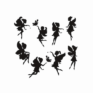 May include: Silhouettes of eight fairies with wings, some holding wands or flowers. The fairies are in various poses, some flying, some standing, and some sitting.