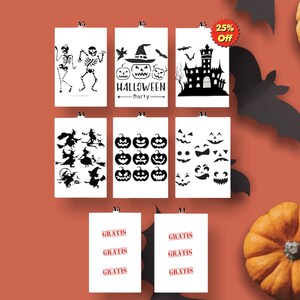 May include: A set of 10 Halloween stencils, featuring various designs including skeletons, pumpkins, witches, a castle, and the text "Halloween Party". The stencils are printed on white paper and are available in A4 and A5 sizes. 25% off.